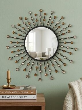 Stunning Sunburst Metal Wall Mirror – Amber & Silver Accents